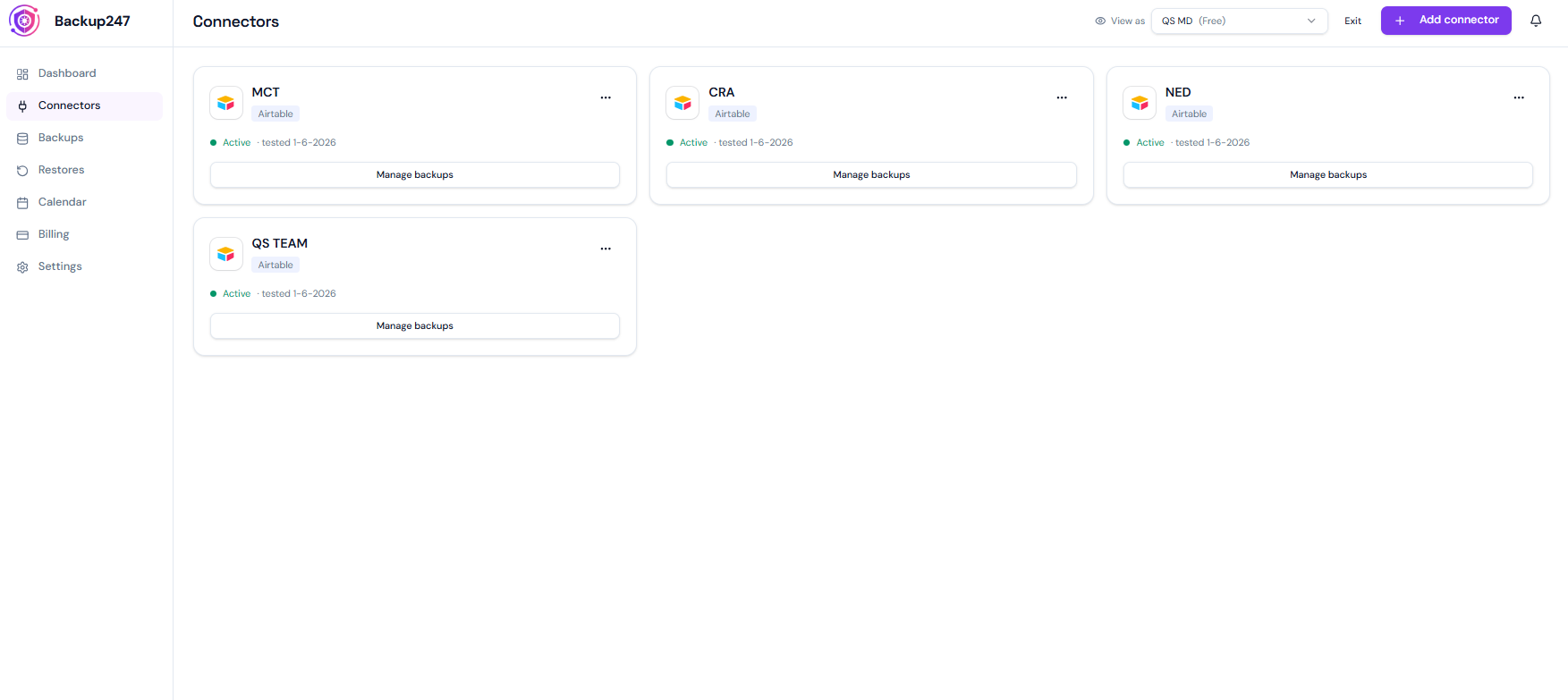 Backup247 connectors grid showing multiple linked Airtable workspaces with active status and manage backups buttons